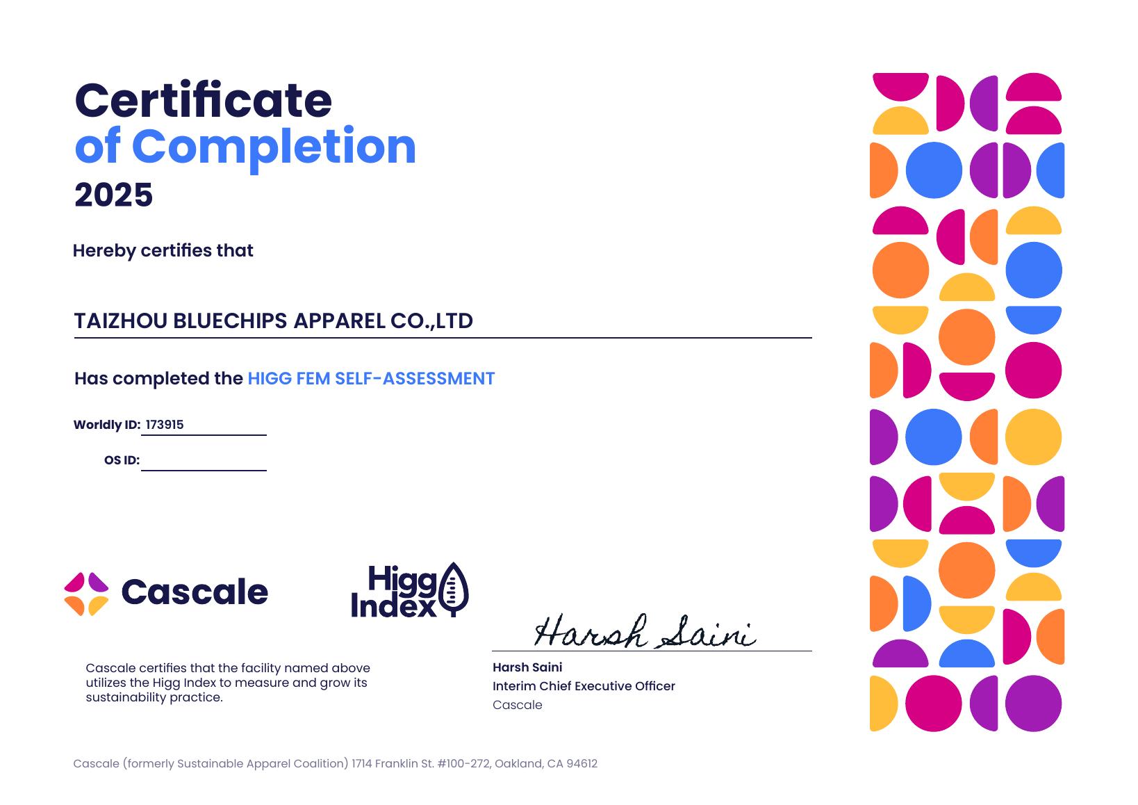 Higg FEM Self-Assessment Certificate 2025