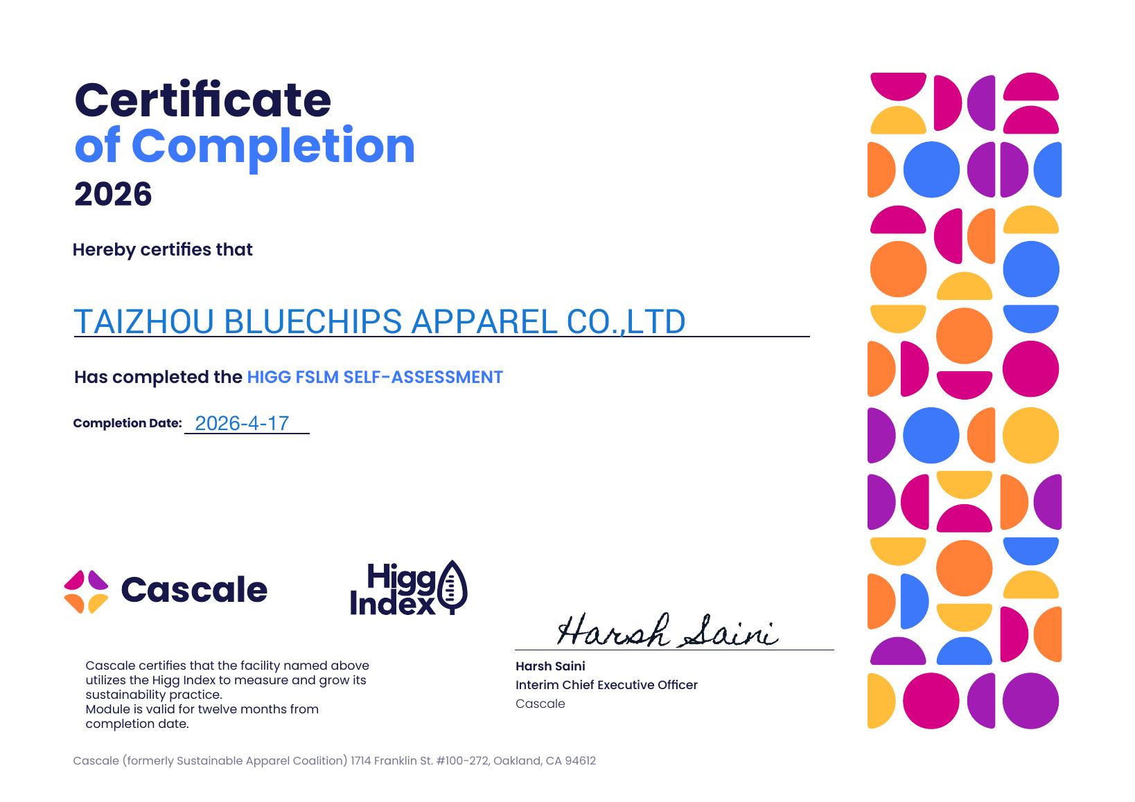 Higg FSLM Self-Assessment Certificate 2026